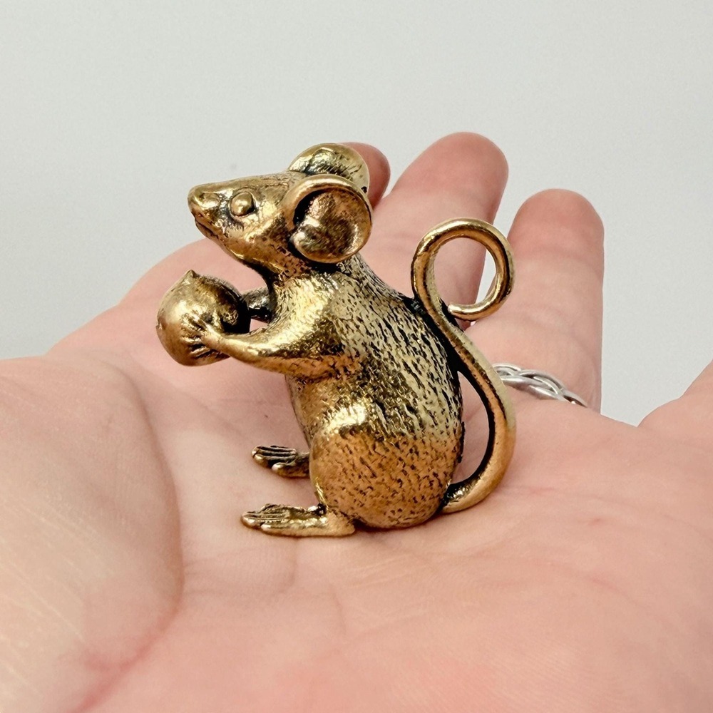 Brass Mouse Golden Orb Figurine Spirit Animal Lucky Prosperity Charm Altar Decor